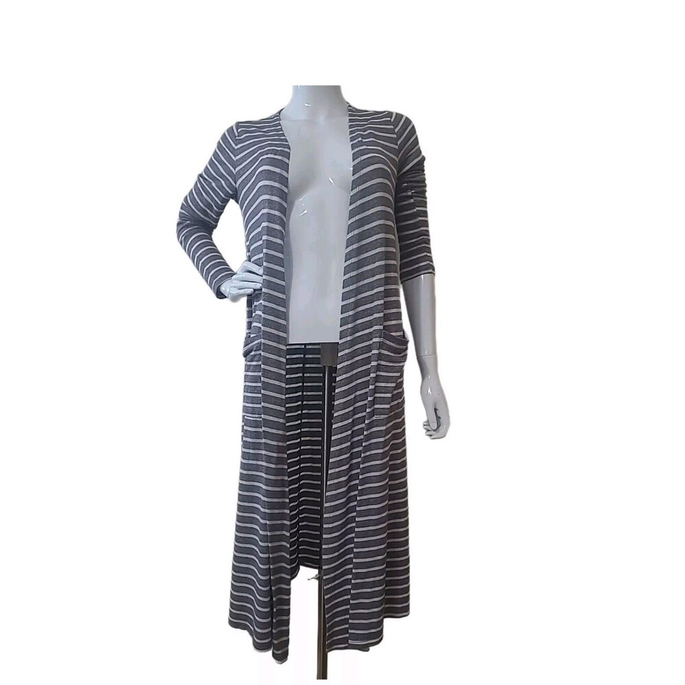 Lularoe Long Open Duster Cardigan Size Small Gray White Striped